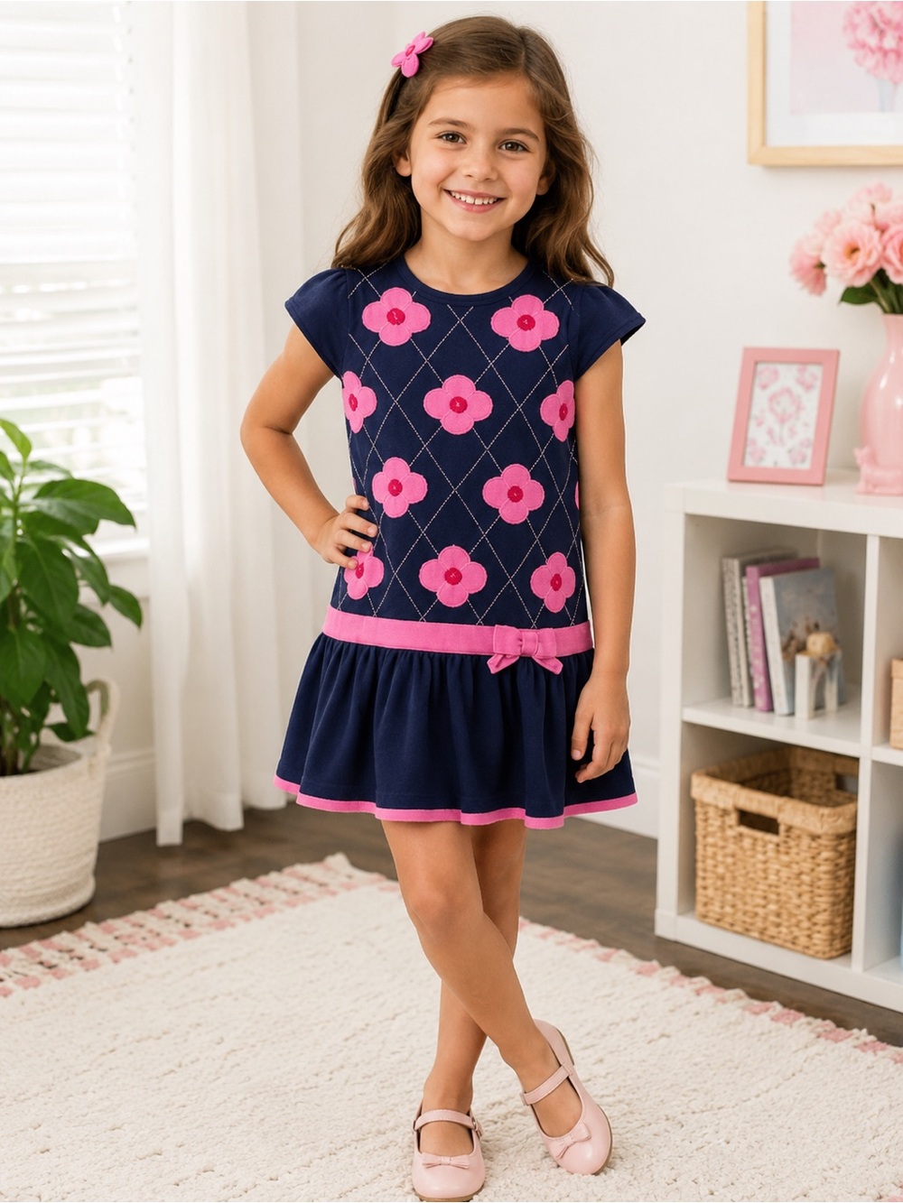 Gymboree Navy & Pink Floral Knit Girls' Dress Size 7